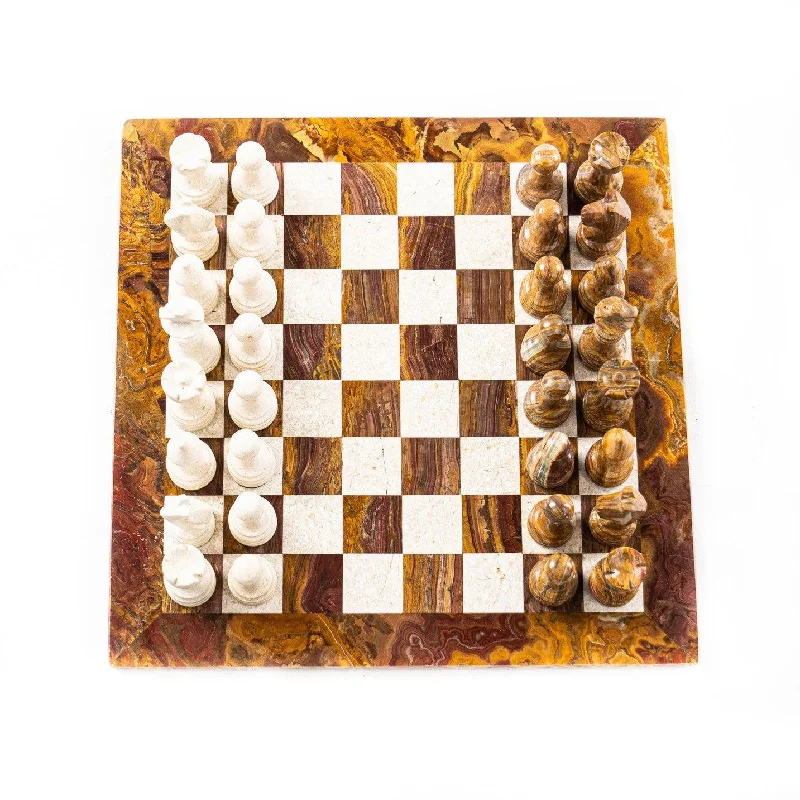 Marble Chess Set- White Coral and Red Marble Chess Board with Pieces- 12"