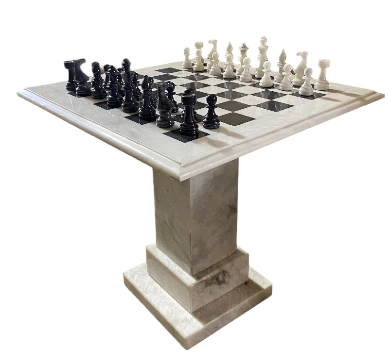 Marble Chess Table- Black and White with Fancy Chess Pieces- White Border- 24"