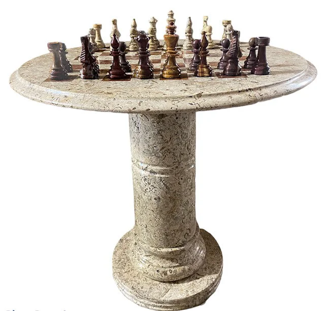 Marble Chess Table- Red and White Coral with Fancy Chess Pieces- White Border- 24"