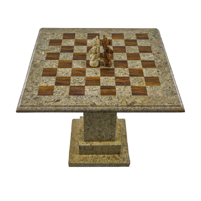 Marble Chess Table- Red and White Coral with Fancy Chess Pieces- White Border- 24"