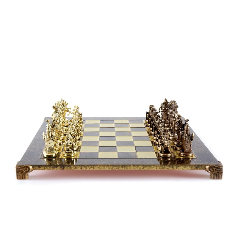 Handcrafted Medieval Knights Chess Set - Brown/Gold Chessmen with Bronze Chessboard (Large)