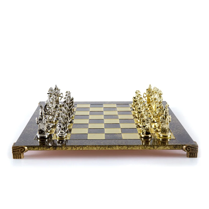 Handcrafted Medieval Knights Chess Set - Gold/Silver Chessmen and Bronze Chessboard  (Large)