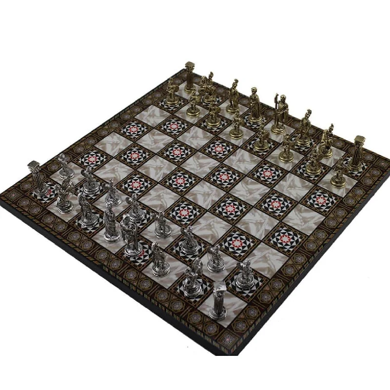 Mosaic Designer Chess Board | Historical Roman Hand Crafted Chess Pieces | Complete Classic Set