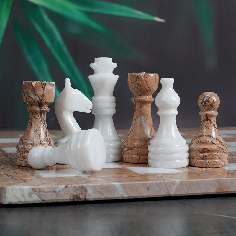 White & Marinara Natural Marble Chess Pieces