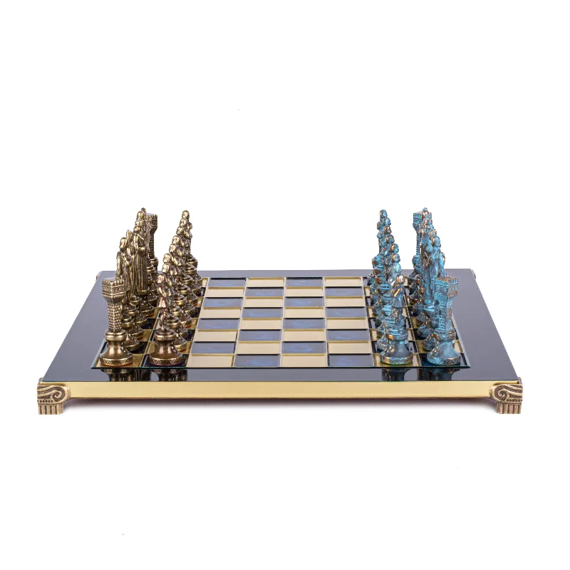 Handcrafted Renaissance Chess Set - Blue/Brown Chessmen and Bronze Chessboard (Medium)