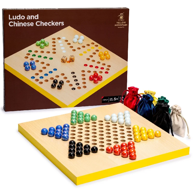 2-in-1 Reversible Ludo and Chinese Checkers Halma Wood and Glass Marble Game Set - 12"