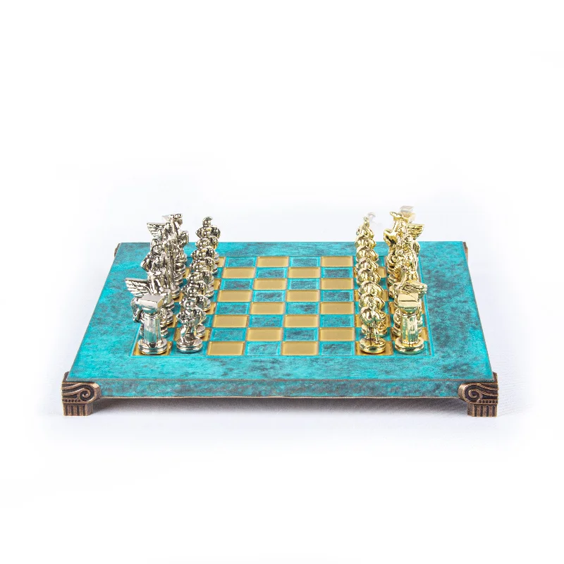 Handcrafted Spartan Warrior Chess Set - Gold & Silver Chessmen with Bronze Board (Small)