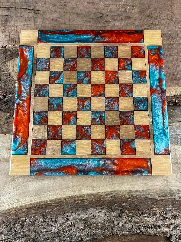 Vivid Orange Teal Maple Wood Chess Board (With Border)