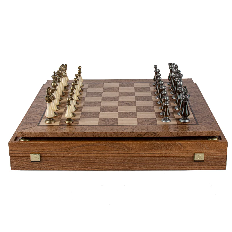 Walnut Burl Chess Set - 50x50cm with Brass and Pewter Finish Chessmen & Pearl Elements